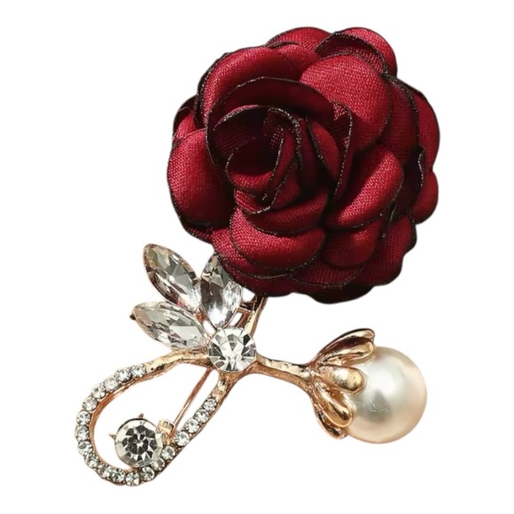 Elegant Red Rose Brooch with Pearl Accent - Picture 2 of 3